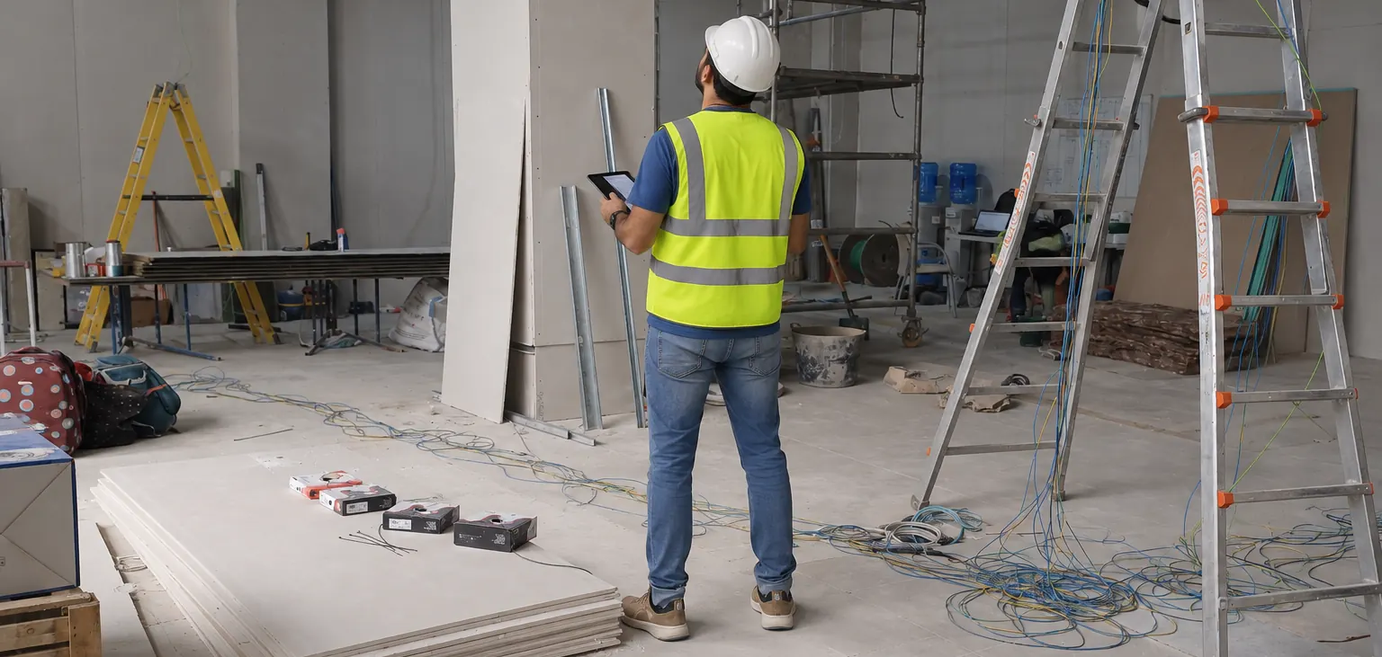 Pablo Cabello, con casco, chaleco y una tablet, revisa las instalaciones del techo de un local en obra.