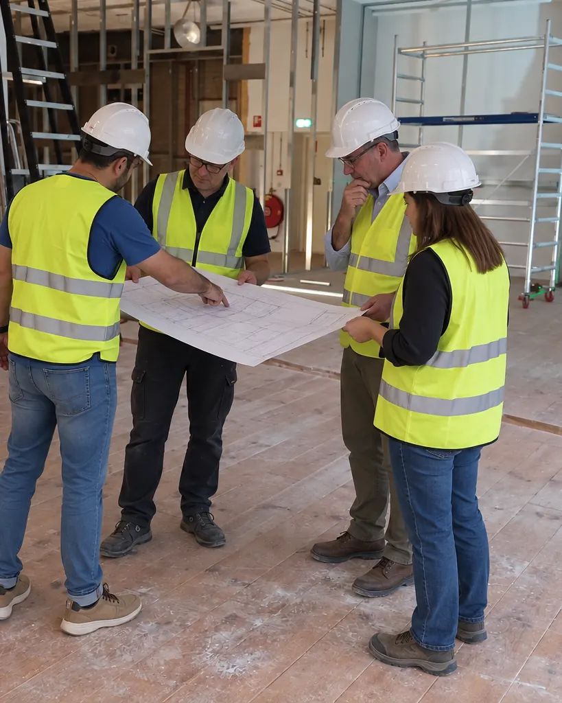 Cuatro técnicos con casco y chaleco, en corro sobre el suelo de madera de un local en obra, leyendo juntos un plano en papel.